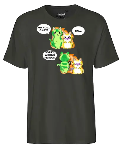 Kawaii-Sarkasmus Alles okay? Falsche Katze - kawaii, katzen, katzenhumor, dunkler humor, sarkasmus, lustig, anime, manga, japanischer stil, cartoon katze, comic stil, niedlich, schwarzer humor, wortspiel, missverständnis, ironisch, meme stil, popkultur, otaku, witziges motiv, funny design, geschenkidee, trendig, tierillustration, humorvoll - Fairtrade T-Shirt