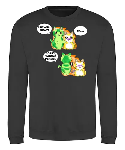 Kawaii-Sarkasmus Alles okay? Falsche Katze - kawaii, katzen, katzenhumor, dunkler humor, sarkasmus, lustig, anime, manga, japanischer stil, cartoon katze, comic stil, niedlich, schwarzer humor, wortspiel, missverständnis, ironisch, meme stil, popkultur, otaku, witziges motiv, funny design, geschenkidee, trendig, tierillustration, humorvoll - Sweatshirt