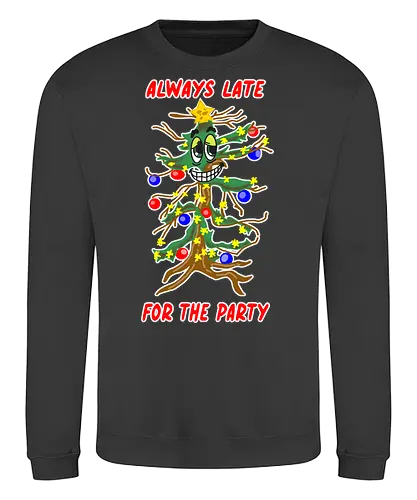 Immer zu spät zu Partys – Dry January - lustig, sarkasmus, winter, weihnachten, weihnachtsbaum, trockener humor, ironisch, feier, verspätet, meme stil, cartoon, comic stil, funny design, jahresanfang, januar, dry january, zu spät, party, partys, humor, feierabend, geschenkidee, trendig, winterhumor, satire - Sweatshirt