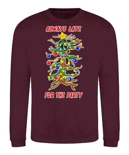 Immer zu spät zu Partys – Dry January - lustig, sarkasmus, winter, weihnachten, weihnachtsbaum, trockener humor, ironisch, feier, verspätet, meme stil, cartoon, comic stil, funny design, jahresanfang, januar, dry january, zu spät, party, partys, humor, feierabend, geschenkidee, trendig, winterhumor, satire - Sweatshirt