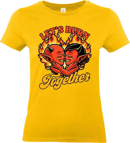 Valentines Burn Together - Valentine's Day, Valentine, Valentines Day, Valentines, Demon, Devil, Heart, Fire, Hell, Love, Romance, Romantic, Burning, Burn, Spooky, Creepy, Halloween, Scary, Traditional Tattoo, Tattoo, Old School Tattoo, Tattoos, Vintage, Retro, Retro Vintage - Standard T-Shirt (Women)