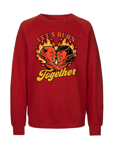Valentines Burn Together - Valentine's Day, Valentine, Valentines Day, Valentines, Demon, Devil, Heart, Fire, Hell, Love, Romance, Romantic, Burning, Burn, Spooky, Creepy, Halloween, Scary, Traditional Tattoo, Tattoo, Old School Tattoo, Tattoos, Vintage, Retro, Retro Vintage - Fairtrade Sweatshirt