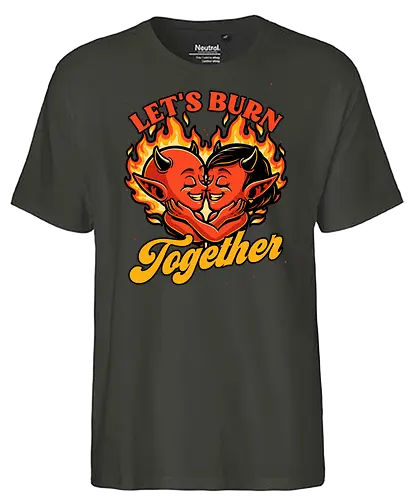 Valentines Burn Together - Valentine's Day, Valentine, Valentines Day, Valentines, Demon, Devil, Heart, Fire, Hell, Love, Romance, Romantic, Burning, Burn, Spooky, Creepy, Halloween, Scary, Traditional Tattoo, Tattoo, Old School Tattoo, Tattoos, Vintage, Retro, Retro Vintage - Fairtrade T-Shirt