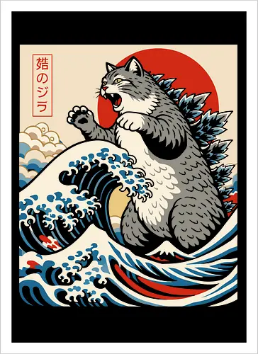 Catzilla: The Great Wave" Japanese Retro Kaiju Cat Graphic T-Shirt
