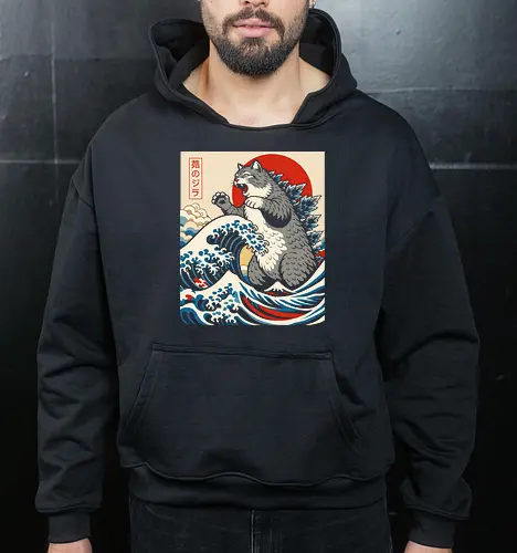 Catzilla: The Great Wave" Japanese Retro Kaiju Cat Graphic T-Shirt