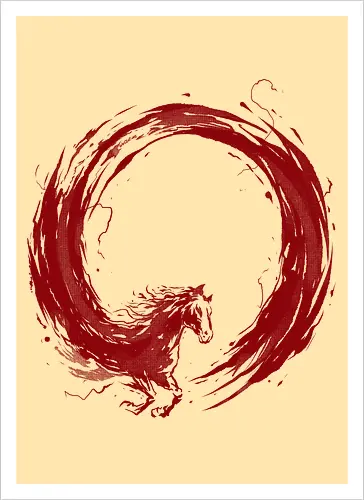 enso of red horse - horse, enso, zen, fire, flame, illustration, year, zodiac, unicorn, myth, mythical, creature, monster, animal, angry, wild, beast - Artprint