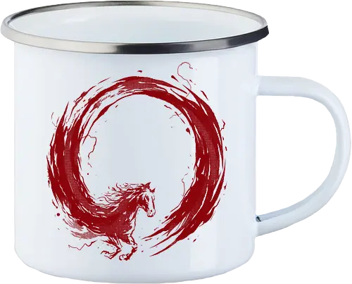 enso of red horse - horse, enso, zen, fire, flame, illustration, year, zodiac, unicorn, myth, mythical, creature, monster, animal, angry, wild, beast - Enamel Mug