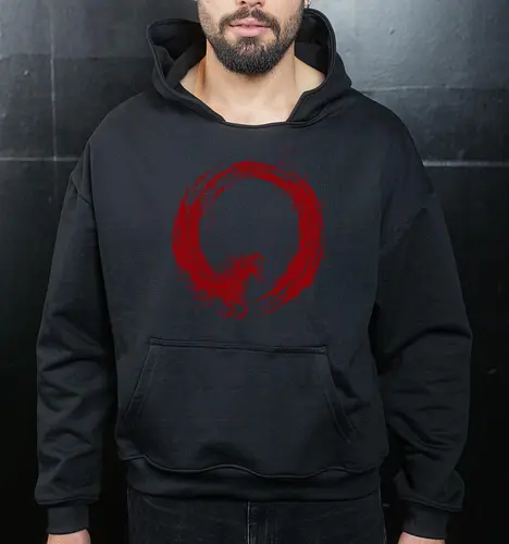 enso of red horse - horse, enso, zen, fire, flame, illustration, year, zodiac, unicorn, myth, mythical, creature, monster, animal, angry, wild, beast - Cropped Hoodie