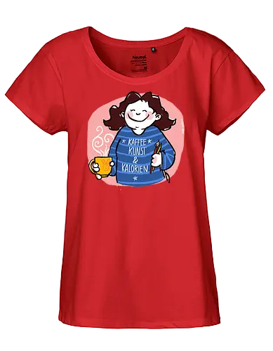 Kaffee, Kunst & Kalorien - Ringelpullisprüche, Ringeldinger, streifenweise, Spruch, Weisheit, Motivation, Ringelpulli, SprücheShirt, Cartoon Illustration, Statement, Handgezeichnet, Humor, Selbstironie, Streifenpulli, Spruchshirt, deutsch - Fairtrade Girl Shirt