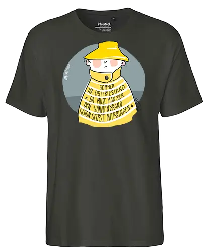 Sommer in Ostfriesland... - Ringelpullisprüche, Ringeldinger, streifenweise, Spruch, Weisheit, Motivation, Ringelpulli, SprücheShirt, Cartoon Illustration, Statement, Ostfriesland, Nordsee, Handgezeichnet, Humor, Selbstironie, Streifenpulli, Spruchshirt, deutsch - Fairtrade T-Shirt