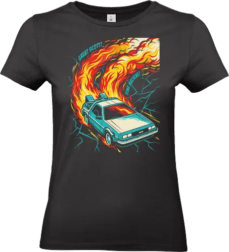 Retro Time Machine DeLorean Pop Art - great scott shirt, time machine t-shirt, retro delorean graphic tee, 80s sci-fi movie apparel, time travel fan art, vintage movie car shirt, back to the future vibes, 1980s nostalgia clothing, fire trails car design, pop art movie tee, cinematic vehicle graphic, geek culture streetwear, futuristic retro car top, classic sci-fi quote shirt, teal and orange car art, time machine illustration, movie enthusiast gift, retro action movie merch, iconic 80s film t-shirt - Standard T-Shirt (Women)