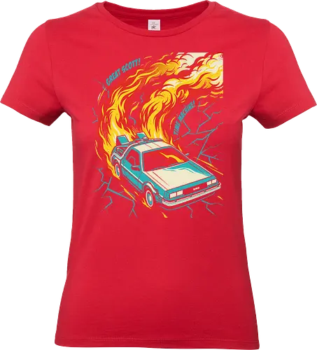 Retro Time Machine DeLorean Pop Art - great scott shirt, time machine t-shirt, retro delorean graphic tee, 80s sci-fi movie apparel, time travel fan art, vintage movie car shirt, back to the future vibes, 1980s nostalgia clothing, fire trails car design, pop art movie tee, cinematic vehicle graphic, geek culture streetwear, futuristic retro car top, classic sci-fi quote shirt, teal and orange car art, time machine illustration, movie enthusiast gift, retro action movie merch, iconic 80s film t-shirt - Standard T-Shirt (Women)