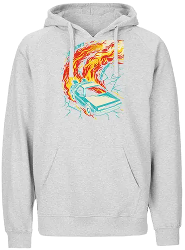 Retro Time Machine DeLorean Pop Art - great scott shirt, time machine t-shirt, retro delorean graphic tee, 80s sci-fi movie apparel, time travel fan art, vintage movie car shirt, back to the future vibes, 1980s nostalgia clothing, fire trails car design, pop art movie tee, cinematic vehicle graphic, geek culture streetwear, futuristic retro car top, classic sci-fi quote shirt, teal and orange car art, time machine illustration, movie enthusiast gift, retro action movie merch, iconic 80s film t-shirt - Fairtrade Hoodie