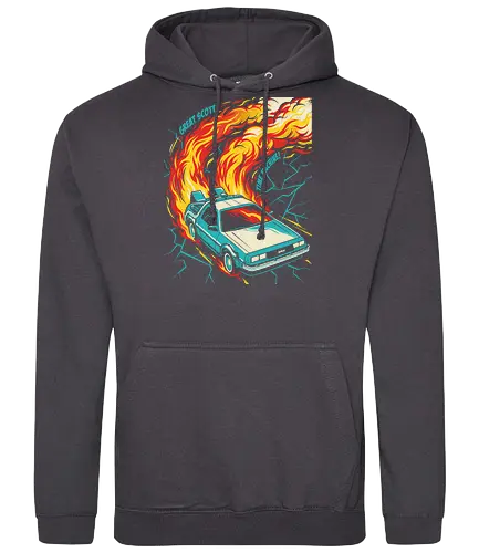 Retro Time Machine DeLorean Pop Art - great scott shirt, time machine t-shirt, retro delorean graphic tee, 80s sci-fi movie apparel, time travel fan art, vintage movie car shirt, back to the future vibes, 1980s nostalgia clothing, fire trails car design, pop art movie tee, cinematic vehicle graphic, geek culture streetwear, futuristic retro car top, classic sci-fi quote shirt, teal and orange car art, time machine illustration, movie enthusiast gift, retro action movie merch, iconic 80s film t-shirt - Standard Hoodie