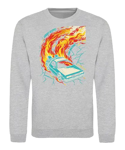 Retro Time Machine DeLorean Pop Art - great scott shirt, time machine t-shirt, retro delorean graphic tee, 80s sci-fi movie apparel, time travel fan art, vintage movie car shirt, back to the future vibes, 1980s nostalgia clothing, fire trails car design, pop art movie tee, cinematic vehicle graphic, geek culture streetwear, futuristic retro car top, classic sci-fi quote shirt, teal and orange car art, time machine illustration, movie enthusiast gift, retro action movie merch, iconic 80s film t-shirt - Sweatshirt