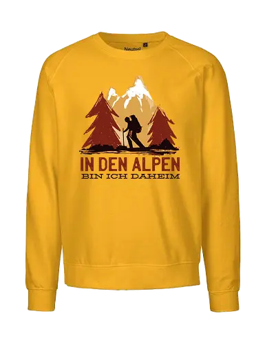 Wandern Glück – Vintage Berge Sonnenaufgang Illustration - wandern shirt, berge vintage, outdoor kleidung, trekking design, natur liebe, alpen wandern, wanderlust, bergsteiger geschenk, retro berge grafik, camping outfit, abenteuer shirt, hiking deutschland, natur illustration, wanderer stil, berg sonne - Fairtrade Sweatshirt