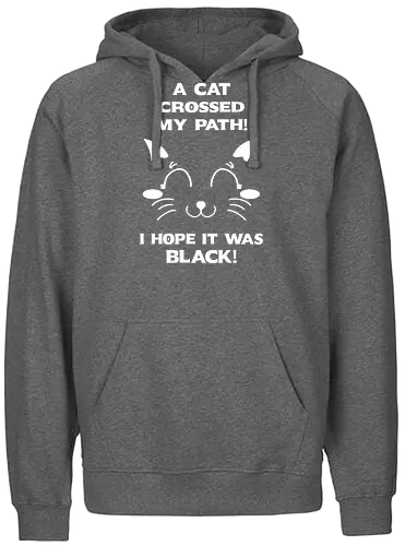 Eine schwarze Katze hat meinen Weg gekreuzt – ich liebe schwarze Katzen - schwarze katze, black cat, superstition, aberglaube, lustig, humor, sarkasmus, ironisch, katzenhumor, tierliebe, halloween, alternative stil, dark humor, katzenliebe, goth, gothic, popkultur, witziges motiv, funny design, geschenkidee, trendig, subkultur, cartoon katze, comic stil, meme stil, witch, wizard, black magic, kawaii, wiccan - Fairtrade Hoodie