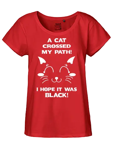 Eine schwarze Katze hat meinen Weg gekreuzt – ich liebe schwarze Katzen - schwarze katze, black cat, superstition, aberglaube, lustig, humor, sarkasmus, ironisch, katzenhumor, tierliebe, halloween, alternative stil, dark humor, katzenliebe, goth, gothic, popkultur, witziges motiv, funny design, geschenkidee, trendig, subkultur, cartoon katze, comic stil, meme stil, witch, wizard, black magic, kawaii, wiccan - Fairtrade Girl Shirt