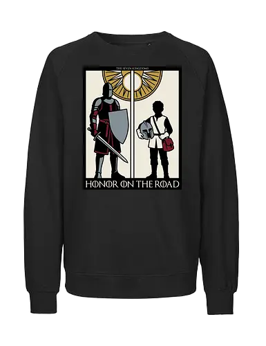 Honor on the Road - honor on the road shirt, knight and squire t-shirt, seven kingdoms graphic tee, high fantasy apparel, medieval knight clothing, master and apprentice shirt, wandering knight design, epic fantasy t-shirt, knightly honor top, fantasy book lover gift, vintage heraldry style, armored warrior apparel, medieval quest clothing, heroic silhouette shirt, sword and shield art, fantasy world streetwear, chivalry and honor tee, knightly duo graphic, seven kingdoms lore merch - Fairtrade Sweatshirt