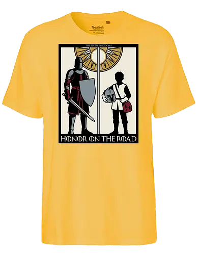 Honor on the Road - honor on the road shirt, knight and squire t-shirt, seven kingdoms graphic tee, high fantasy apparel, medieval knight clothing, master and apprentice shirt, wandering knight design, epic fantasy t-shirt, knightly honor top, fantasy book lover gift, vintage heraldry style, armored warrior apparel, medieval quest clothing, heroic silhouette shirt, sword and shield art, fantasy world streetwear, chivalry and honor tee, knightly duo graphic, seven kingdoms lore merch - Fairtrade T-Shirt