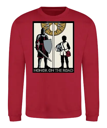 Honor on the Road - honor on the road shirt, knight and squire t-shirt, seven kingdoms graphic tee, high fantasy apparel, medieval knight clothing, master and apprentice shirt, wandering knight design, epic fantasy t-shirt, knightly honor top, fantasy book lover gift, vintage heraldry style, armored warrior apparel, medieval quest clothing, heroic silhouette shirt, sword and shield art, fantasy world streetwear, chivalry and honor tee, knightly duo graphic, seven kingdoms lore merch - Sweatshirt