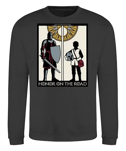 Honor on the Road - honor on the road shirt, knight and squire t-shirt, seven kingdoms graphic tee, high fantasy apparel, medieval knight clothing, master and apprentice shirt, wandering knight design, epic fantasy t-shirt, knightly honor top, fantasy book lover gift, vintage heraldry style, armored warrior apparel, medieval quest clothing, heroic silhouette shirt, sword and shield art, fantasy world streetwear, chivalry and honor tee, knightly duo graphic, seven kingdoms lore merch - Sweatshirt