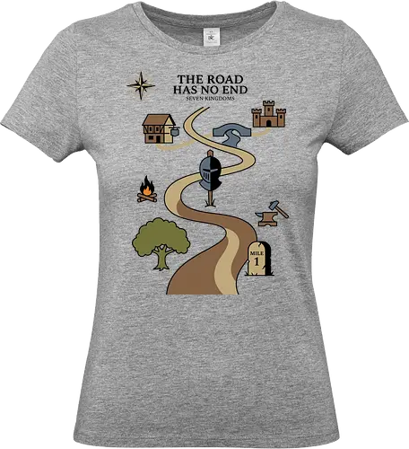The Road Has No End - the road has no end shirt, seven kingdoms t-shirt, knight's journey graphic tee, high fantasy map apparel, medieval quest clothing, wandering knight design, fantasy world map top, castle and inn graphic, tabletop rpg t-shirt, epic saga clothing, knight helmet illustration, adventurer's path shirt, medieval history gift, fantasy book lover gear, heroic journey apparel, vintage fantasy aesthetic, fantasy cartography shirt, warrior's quest top, fantasy lore streetwear - Standard T-Shirt (Women)