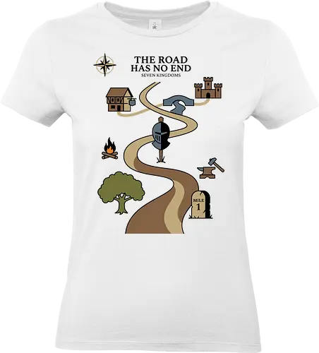 The Road Has No End - the road has no end shirt, seven kingdoms t-shirt, knight's journey graphic tee, high fantasy map apparel, medieval quest clothing, wandering knight design, fantasy world map top, castle and inn graphic, tabletop rpg t-shirt, epic saga clothing, knight helmet illustration, adventurer's path shirt, medieval history gift, fantasy book lover gear, heroic journey apparel, vintage fantasy aesthetic, fantasy cartography shirt, warrior's quest top, fantasy lore streetwear - Standard T-Shirt (Women)