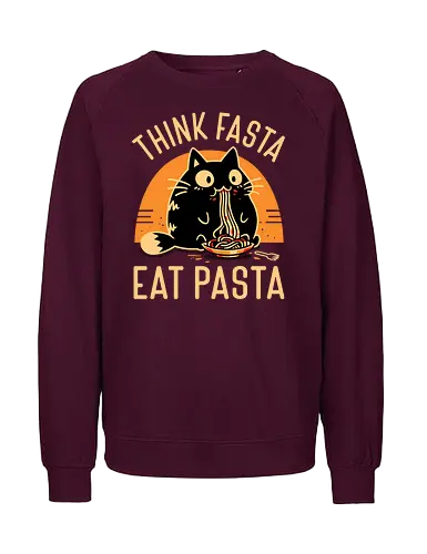Think Fasta Eat Pasta - Funny Hungry Cat - fat cat, black cat, cat lover, chubby, pasta, spaghetti, foodie, italian food, cooking, cute animals, thinker, funny, humor, noodles, smart - Fairtrade Sweatshirt