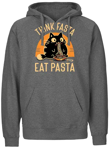 Think Fasta Eat Pasta - Funny Hungry Cat - fat cat, black cat, cat lover, chubby, pasta, spaghetti, foodie, italian food, cooking, cute animals, thinker, funny, humor, noodles, smart - Fairtrade Hoodie