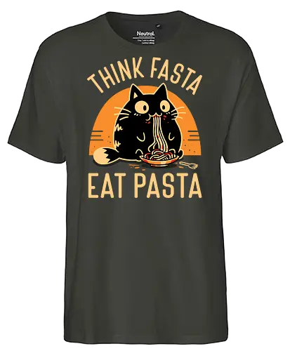 Think Fasta Eat Pasta - Funny Hungry Cat - fat cat, black cat, cat lover, chubby, pasta, spaghetti, foodie, italian food, cooking, cute animals, thinker, funny, humor, noodles, smart - Fairtrade T-Shirt