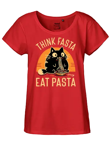 Think Fasta Eat Pasta - Funny Hungry Cat - fat cat, black cat, cat lover, chubby, pasta, spaghetti, foodie, italian food, cooking, cute animals, thinker, funny, humor, noodles, smart - Fairtrade Girl Shirt