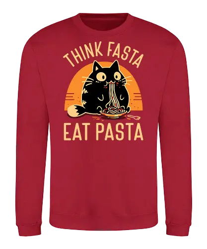 Think Fasta Eat Pasta - Funny Hungry Cat - fat cat, black cat, cat lover, chubby, pasta, spaghetti, foodie, italian food, cooking, cute animals, thinker, funny, humor, noodles, smart - Sweatshirt