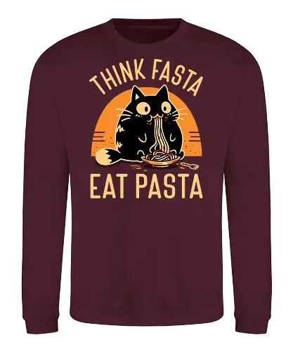 Think Fasta Eat Pasta - Funny Hungry Cat - fat cat, black cat, cat lover, chubby, pasta, spaghetti, foodie, italian food, cooking, cute animals, thinker, funny, humor, noodles, smart - Sweatshirt