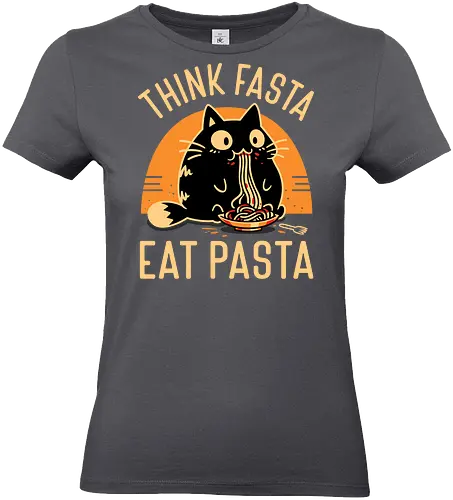 Think Fasta Eat Pasta - Funny Hungry Cat - fat cat, black cat, cat lover, chubby, pasta, spaghetti, foodie, italian food, cooking, cute animals, thinker, funny, humor, noodles, smart - Standard T-Shirt (Women)