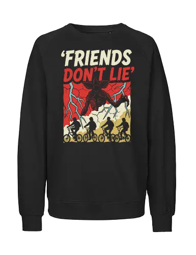 Friends Don't Lie - friends don't lie shirt, retro sci-fi horror t-shirt, demogorgon graphic tee, 80s nostalgia apparel, upside down clothing, supernatural mystery shirt, vintage monster hunter tee, kids on bikes graphic, hawkins inspired apparel, creepy creature design, distressed horror t-shirt, alternative 80s fashion, thriller fan gift, stranger vibes clothing, monster encounter art, retro lightning bolt design, iconic tv quote shirt, geek culture streetwear, sci-fi thriller merch - Fairtrade Sweatshirt