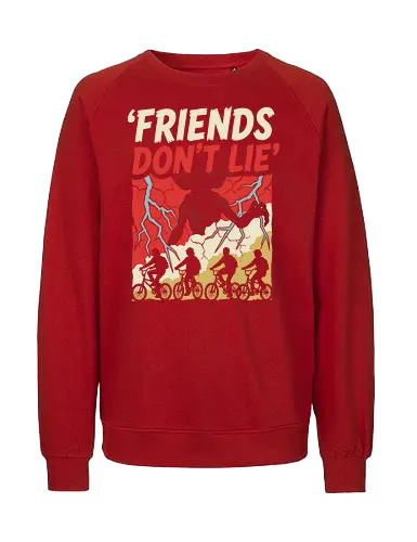Friends Don't Lie - friends don't lie shirt, retro sci-fi horror t-shirt, demogorgon graphic tee, 80s nostalgia apparel, upside down clothing, supernatural mystery shirt, vintage monster hunter tee, kids on bikes graphic, hawkins inspired apparel, creepy creature design, distressed horror t-shirt, alternative 80s fashion, thriller fan gift, stranger vibes clothing, monster encounter art, retro lightning bolt design, iconic tv quote shirt, geek culture streetwear, sci-fi thriller merch - Fairtrade Sweatshirt