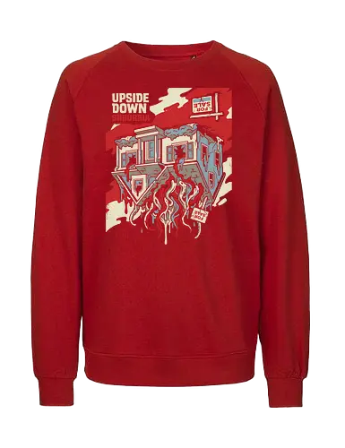 Upside Down Suburbia - upside down suburbia shirt, retro sci-fi horror t-shirt, haunted house graphic tee, interdimensional monster apparel, 80s supernatural clothing, cosmic horror t-shirt, surreal suburban art, creepy house design, red and teal horror tee, alternate dimension clothing, vintage sci-fi streetwear, tentacles graphic shirt, thriller fan gift, dark aesthetic apparel, spooky neighborhood tee, occult house art, mysterious reality shirt, retro horror merch, supernatural mystery top - Fairtrade Sweatshirt