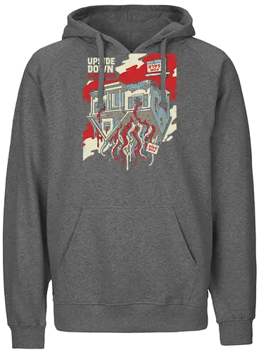 Upside Down Suburbia - upside down suburbia shirt, retro sci-fi horror t-shirt, haunted house graphic tee, interdimensional monster apparel, 80s supernatural clothing, cosmic horror t-shirt, surreal suburban art, creepy house design, red and teal horror tee, alternate dimension clothing, vintage sci-fi streetwear, tentacles graphic shirt, thriller fan gift, dark aesthetic apparel, spooky neighborhood tee, occult house art, mysterious reality shirt, retro horror merch, supernatural mystery top - Fairtrade Hoodie