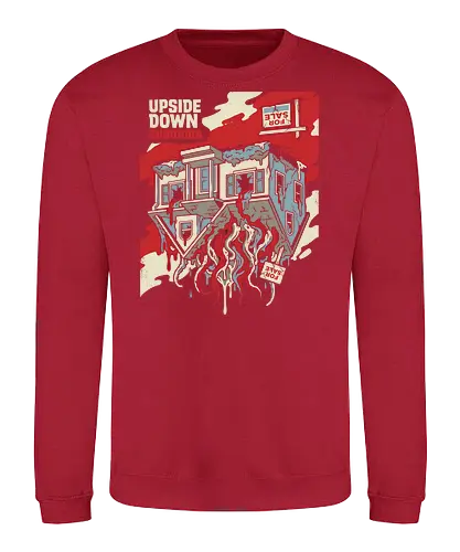 Upside Down Suburbia - upside down suburbia shirt, retro sci-fi horror t-shirt, haunted house graphic tee, interdimensional monster apparel, 80s supernatural clothing, cosmic horror t-shirt, surreal suburban art, creepy house design, red and teal horror tee, alternate dimension clothing, vintage sci-fi streetwear, tentacles graphic shirt, thriller fan gift, dark aesthetic apparel, spooky neighborhood tee, occult house art, mysterious reality shirt, retro horror merch, supernatural mystery top - Sweatshirt