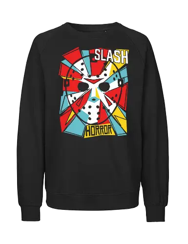 Retro Hockey Mask Slasher Graphic - slash horror shirt, hockey mask t-shirt, slasher movie apparel, 80s horror graphic tee, crystal lake fan art, vintage horror streetwear, geometric horror design, horror movie buff gift, scary movie clothing, pop art slasher top, hockey mask illustration, red and teal horror shirt, alternative horror fashion, halloween slasher tee, iconic horror mask apparel, retro horror cinema gear, slasher film merchandise, edgy horror aesthetic, masked killer t-shirt - Fairtrade Sweatshirt