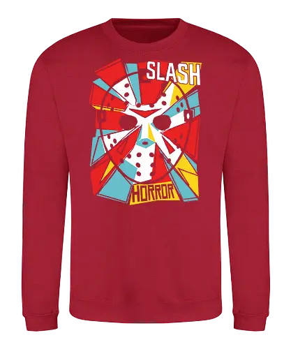 Retro Hockey Mask Slasher Graphic - slash horror shirt, hockey mask t-shirt, slasher movie apparel, 80s horror graphic tee, crystal lake fan art, vintage horror streetwear, geometric horror design, horror movie buff gift, scary movie clothing, pop art slasher top, hockey mask illustration, red and teal horror shirt, alternative horror fashion, halloween slasher tee, iconic horror mask apparel, retro horror cinema gear, slasher film merchandise, edgy horror aesthetic, masked killer t-shirt - Sweatshirt