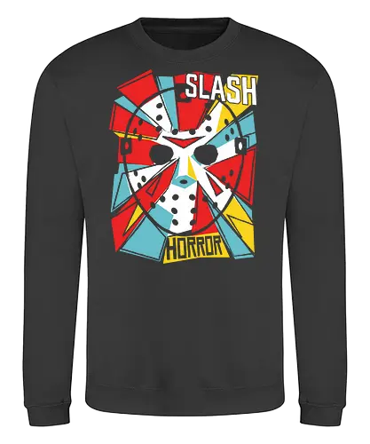 Retro Hockey Mask Slasher Graphic - slash horror shirt, hockey mask t-shirt, slasher movie apparel, 80s horror graphic tee, crystal lake fan art, vintage horror streetwear, geometric horror design, horror movie buff gift, scary movie clothing, pop art slasher top, hockey mask illustration, red and teal horror shirt, alternative horror fashion, halloween slasher tee, iconic horror mask apparel, retro horror cinema gear, slasher film merchandise, edgy horror aesthetic, masked killer t-shirt - Sweatshirt