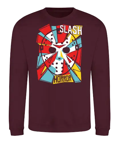 Retro Hockey Mask Slasher Graphic - slash horror shirt, hockey mask t-shirt, slasher movie apparel, 80s horror graphic tee, crystal lake fan art, vintage horror streetwear, geometric horror design, horror movie buff gift, scary movie clothing, pop art slasher top, hockey mask illustration, red and teal horror shirt, alternative horror fashion, halloween slasher tee, iconic horror mask apparel, retro horror cinema gear, slasher film merchandise, edgy horror aesthetic, masked killer t-shirt - Sweatshirt