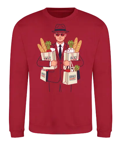 Daily Mart Agent - daily mart agent shirt, secret service grocery t-shirt, spy parody graphic tee, funny secret agent apparel, men in black grocery run, minimalist vector t-shirt, fedora agent design, humorous spy streetwear, grocery shopping humor shirt, grey suit agent art, undercover shopper tee, deadpan humor clothing, daily mart graphic, agent with groceries shirt, witty espionage apparel, minimalist character design, quirky streetwear top, secret mission grocery gift, retro agent illustration - Sweatshirt