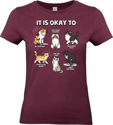 It Is Okay To - cat, always be yourself, ask for help, be yourself, cats, emotions, feel your feelings, feelings, inspirational, make mistakes, mental health, mental illness, motivational, motivational words, quotes - Standard T-Shirt (Women)