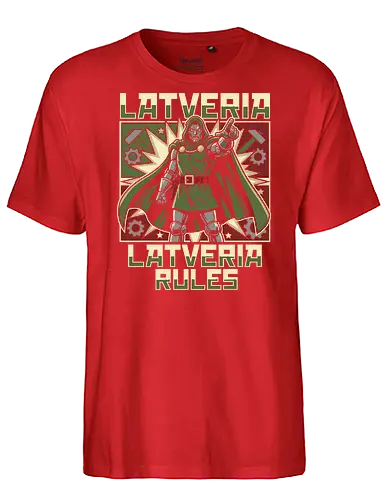 Latveria Rules Doctor Doom Retro Propaganda Style Graphic - latveria rules shirt, doctor doom t-shirt, victor von doom apparel, comic book villain graphic tee, retro propaganda style clothing, latverian monarch design, armored sovereign t-shirt, vintage comic book art, supervillain streetwear, marvel fan gift, iconic villain merch, green and red graphic shirt, industrial gear design, dictator parody apparel, monarchist propaganda art, geek culture fashion, high tech sorcerer shirt, doom victory graphic, comic lore t-shirt - Fairtrade T-Shirt