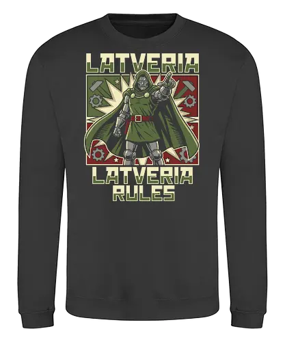 Latveria Rules Doctor Doom Retro Propaganda Style Graphic - latveria rules shirt, doctor doom t-shirt, victor von doom apparel, comic book villain graphic tee, retro propaganda style clothing, latverian monarch design, armored sovereign t-shirt, vintage comic book art, supervillain streetwear, marvel fan gift, iconic villain merch, green and red graphic shirt, industrial gear design, dictator parody apparel, monarchist propaganda art, geek culture fashion, high tech sorcerer shirt, doom victory graphic, comic lore t-shirt - Sweatshirt