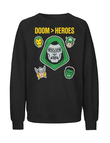 Doom  Heroes Sovereign Over All Retro Comic Villain - geek culture fashion, doctor doom sticker art, powerful villain graphic, comic lore apparel, classic villain tribute, bold typography streetwear, gift for comic book fans, superior villain t-shirt, doom over heroes shirt, doctor doom t-shirt, comic book villain apparel, latveria sovereign tee, minimalist comic art shirt, supervillain graphic clothing, doom victory design, ironic superhero t-shirt, vintage comic book streetwear, green hood villain top, anti-hero fan merch - Fairtrade Sweatshirt