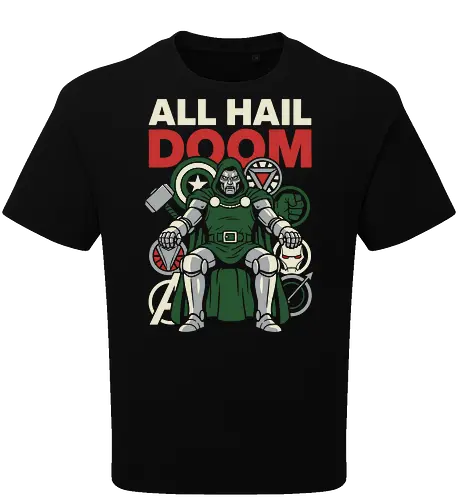All Hail Doom - all hail doom shirt, doctor doom throne t-shirt, latveria sovereign apparel, comic book villain graphic tee, victor von doom clothing, retro villain propaganda top, defeated heroes design, monarch of latveria shirt, supervillain streetwear, geek culture fashion, armored villain art, comic lore t-shirt, sovereign on throne graphic, iconic villain merch, doctor doom fan gift, villainous pop art, master of sorcery shirt, comic book royalty apparel, powerful villain silhouette - Oversize T-Shirt